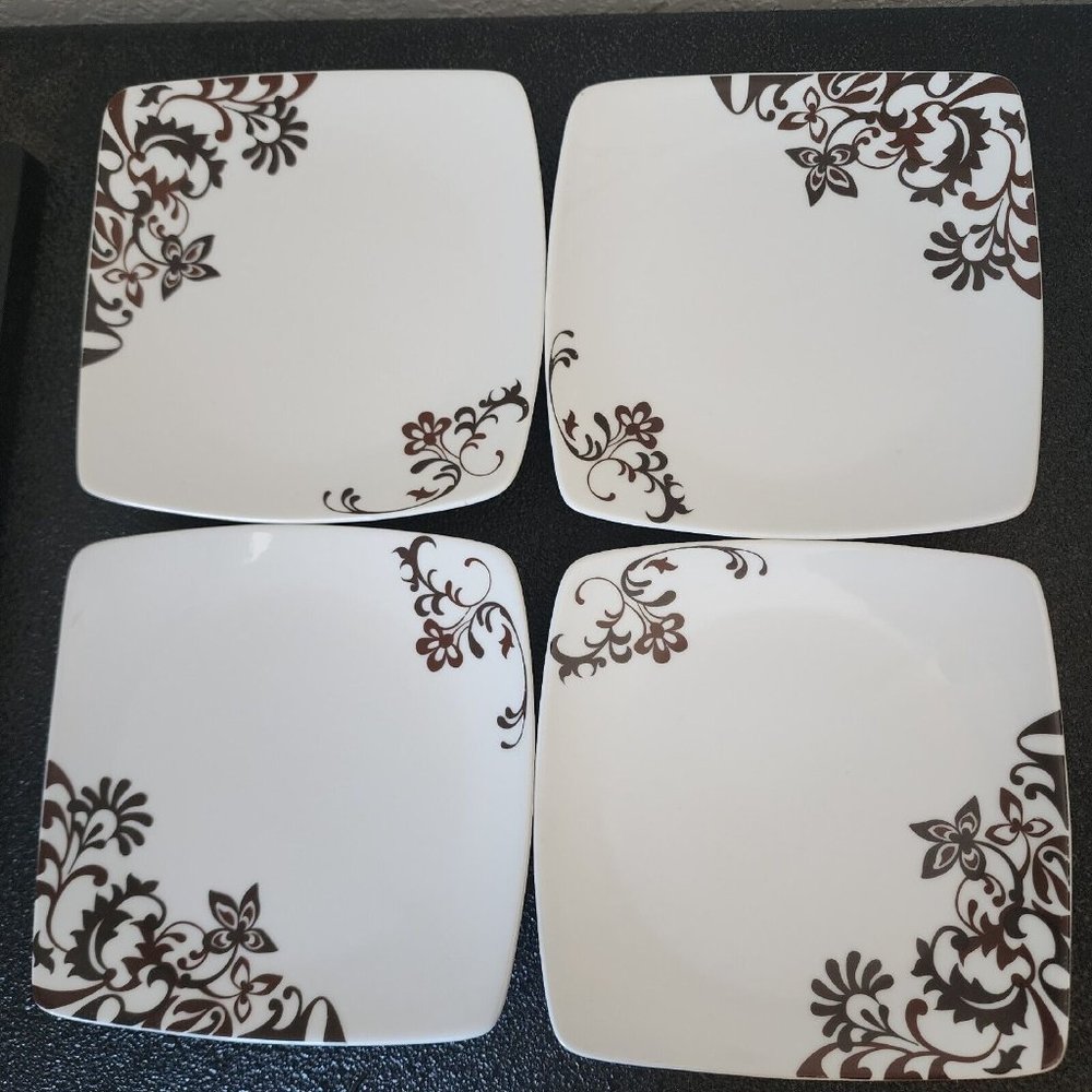 4)  Mikasa Mocha Scroll Dessert Bread Plate 6" floral filligree Gourmet Basics